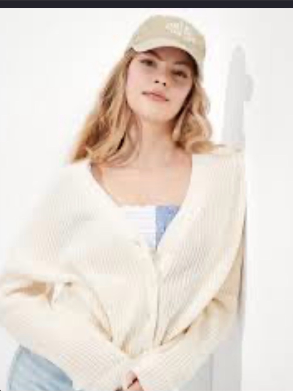 American Eagle Outfitters Cream Ribbed V‑Neck Button Cardigan